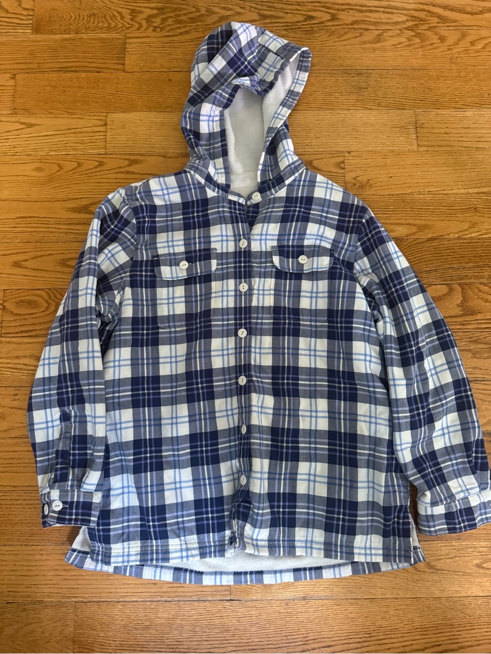 LL Bean blue and White Plaid Hooded Button-Up Jacket